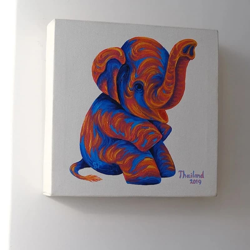 Colorful Swirl Elephant Canvas Wall Art Thailand Hand Painted Oil Painting Abstract Animal Poster Square Framed Canvas Picture L