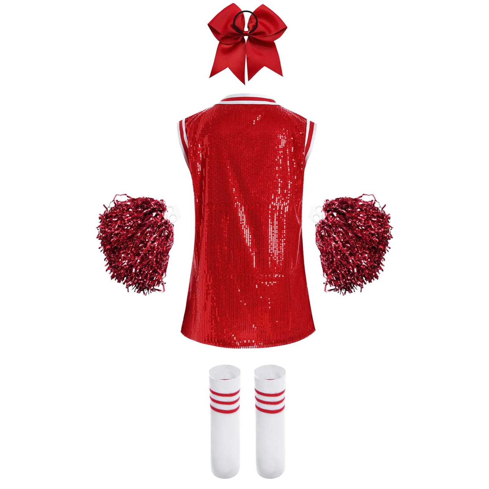 Girls Sparkly Sequins Cheerlead Dress with Socks Flower Balls Kids Cheerleading Uniforms Performance Outfit Cheerleader Costume