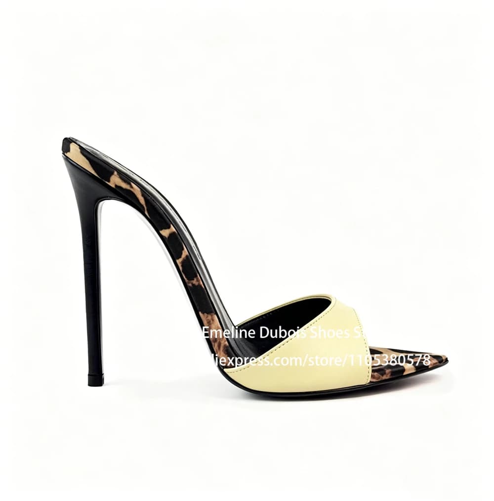 Black Leopard Print High Heel Mules Open Toe Slip on Stiletto Heel Slippers Party Club Summer Fashion Dress Sandals for Women