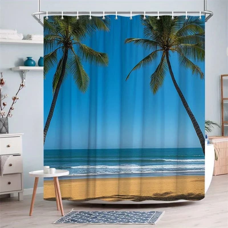 Tenda da doccia con scena tropicale da spiaggia, 1 pezzo, in poliestere, lavabile in lavatrice, 70,86x70,86 pollici, 12 ganci, palme tranquiliche e vista sull'oceano