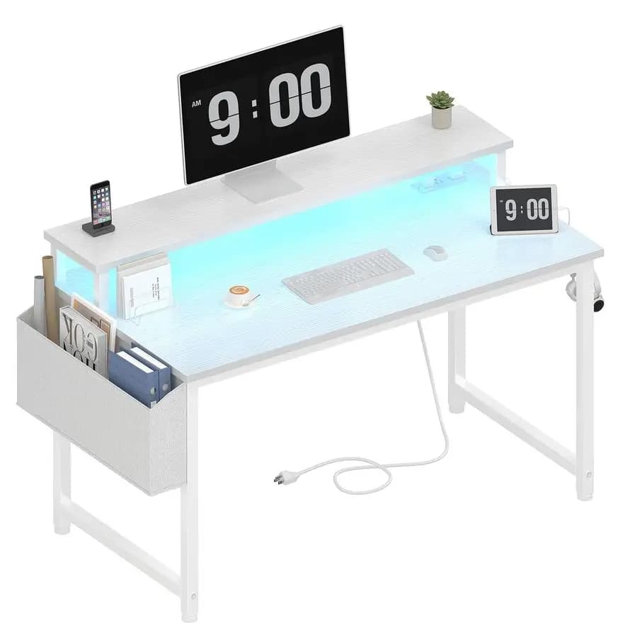 Scrivania per Computer Bianca con Luci LED e Prese di Corrente, Scrivania da Ufficio da 40 Pollici con Supporto Monitor, Tavolo da Studio per Adolescenti