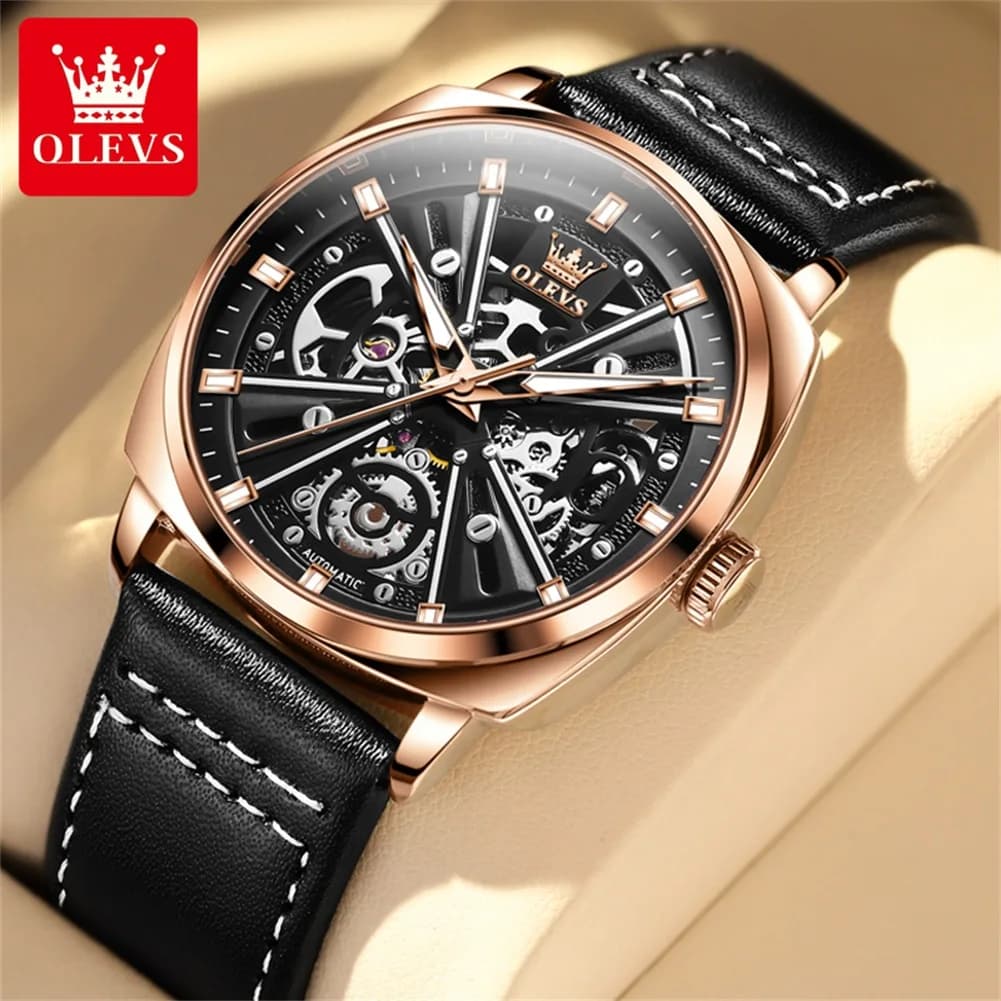 Orologio meccanico automatico di lusso OLEVS 6685 da uomo, luminoso, con cinturino in pelle, impermeabile.