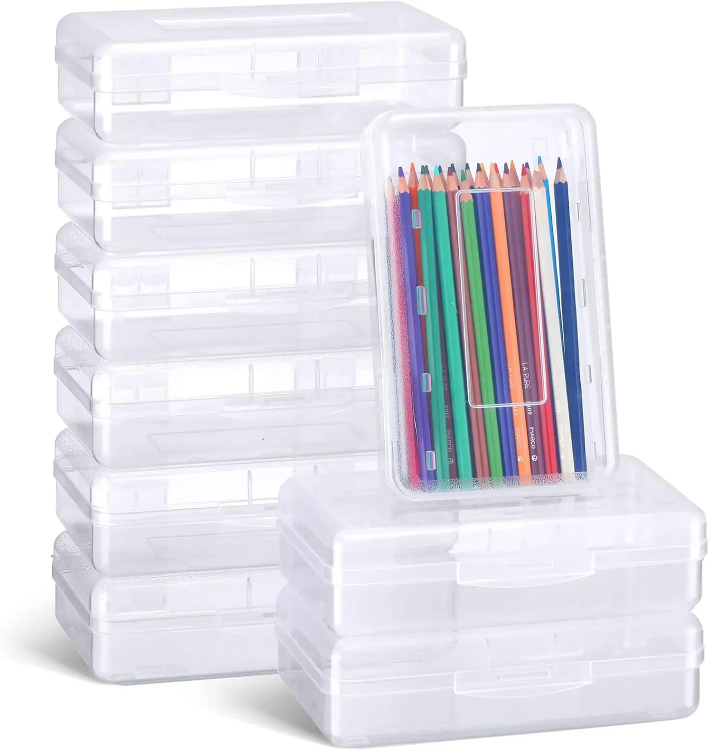 Confezione da 24 Astucci Trasparenti in Plastica, Grandi Scatole Impilabili per Matite e Organizzazione Scolastica