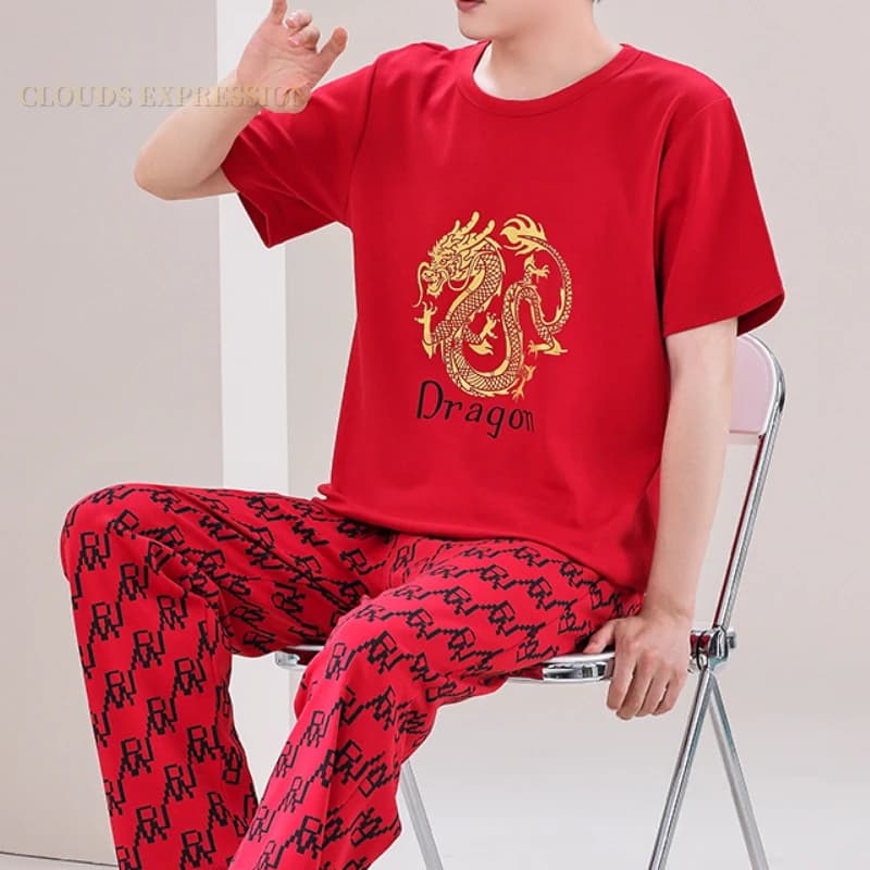 L-5XL Summer Elegant Men pigiama Knited Red pigiama Set pantaloni lunghi Sleepwear pigiama Night Suits pigiama Plus Size Homewear PJ