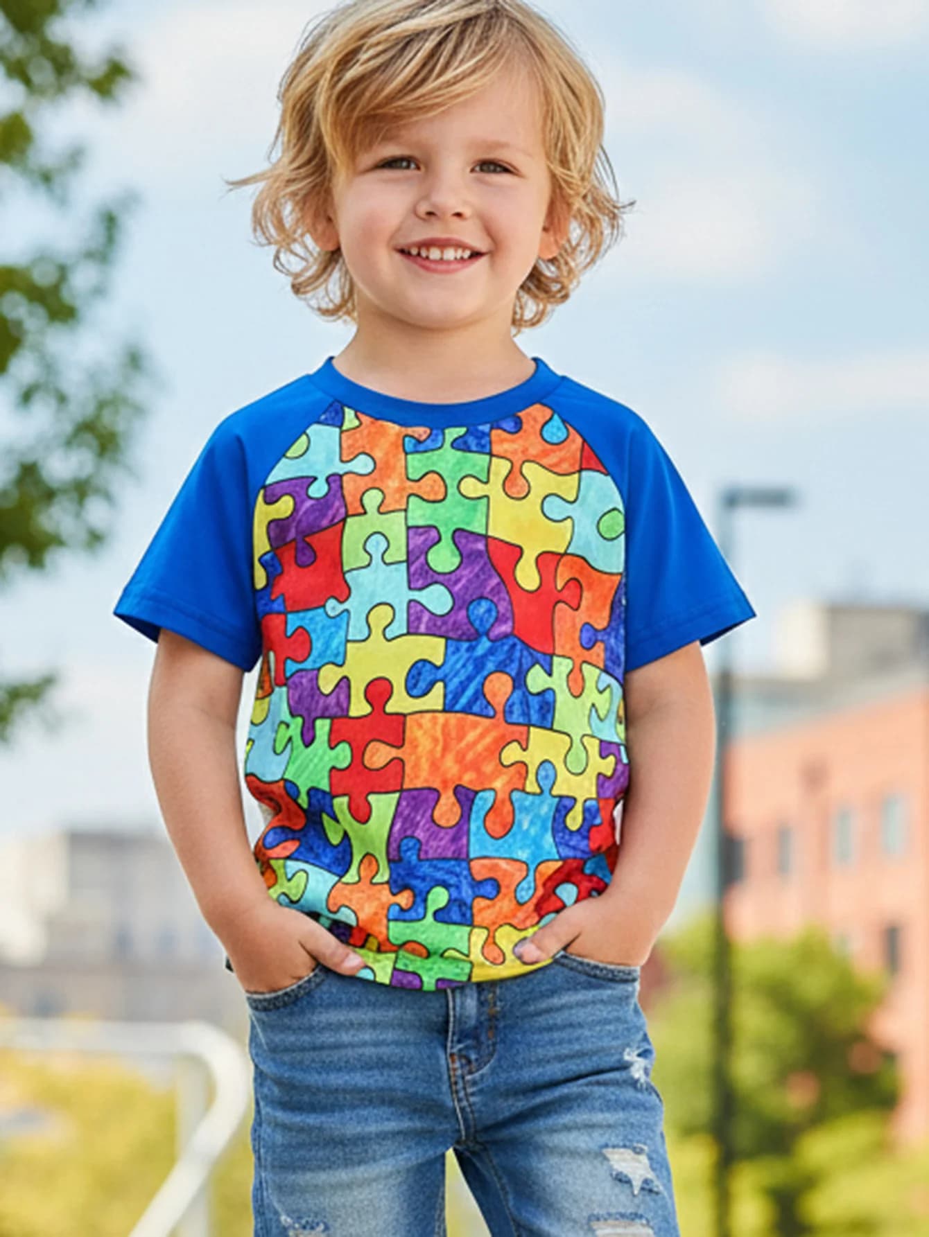 Abbigliamento estivo per neonati, t-shirt con stampa colorata a blocchi, maglietta a maniche corte per bambini da 1 a 8 anni, traspirante e ad asciugatura rapida.