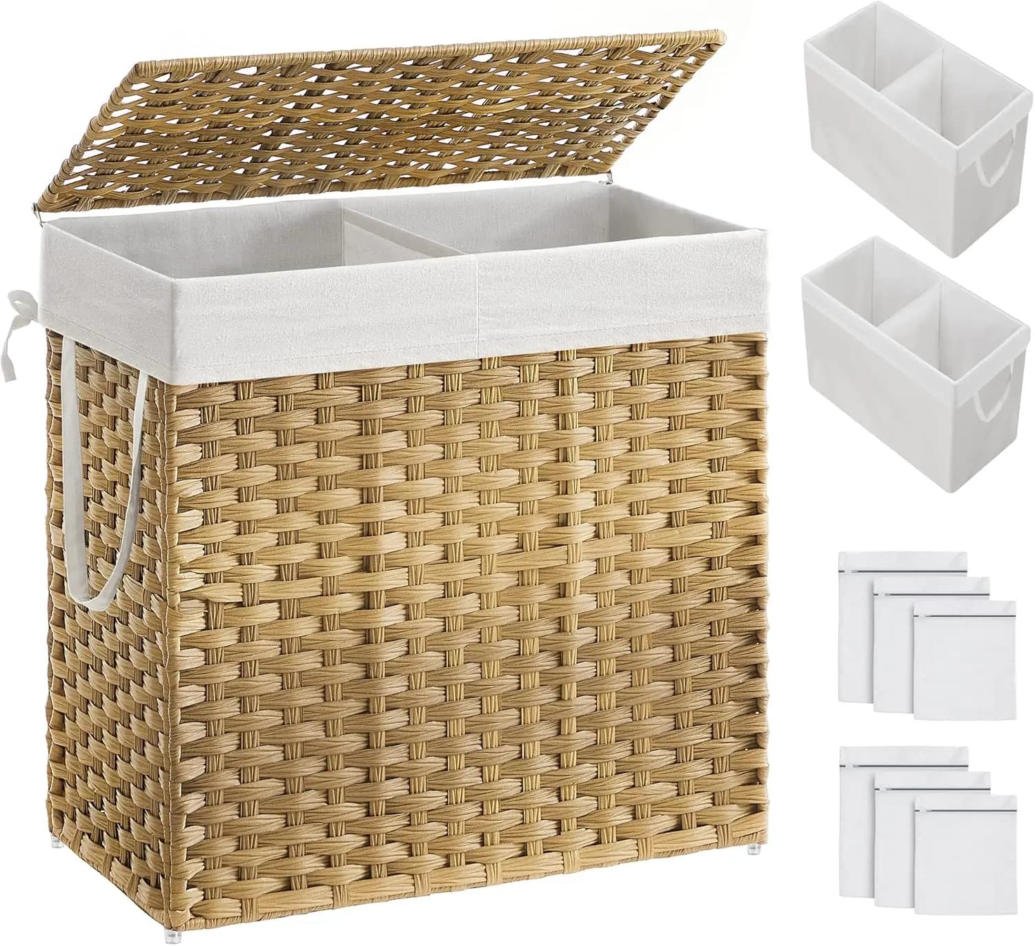 130L large whiteboard with lid, 2 removable covers and 6 mesh bags, wicker basket for bathroom organization