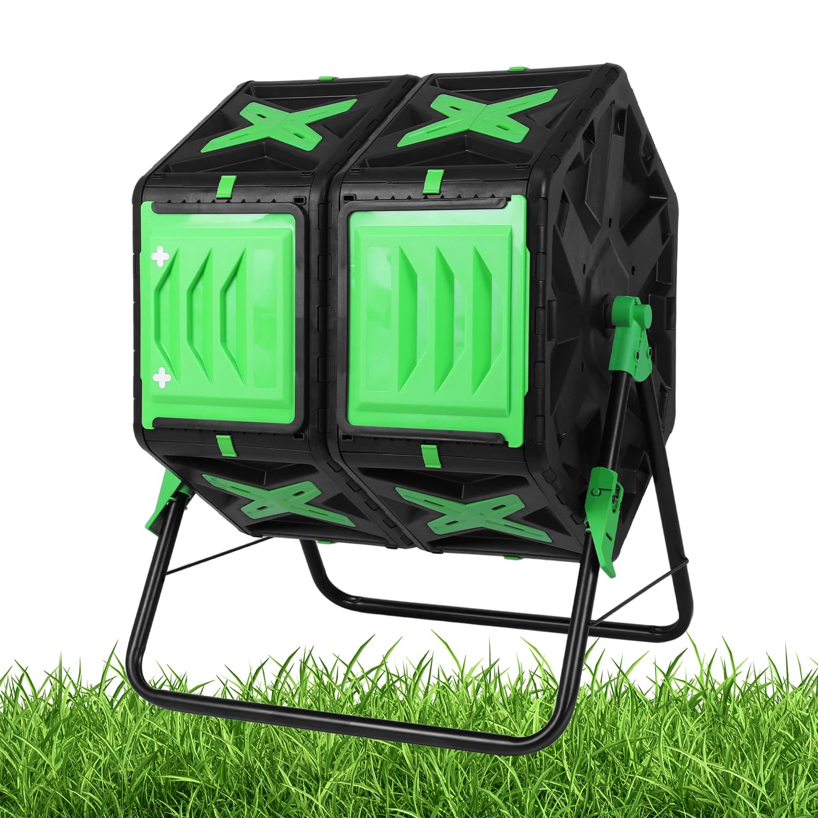 140L Dual Chamber 360°Rotating Large Composter Fast Assemble Tumbling Rotating Batch Compost Bin W/Sliding Door for Garden Yard
