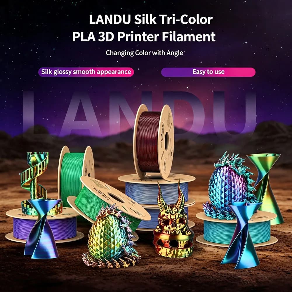 LANDU Tri-Color Silk PLA 3D Printer Filament 1kg 1.75mm, 3color-in-1 Silk PLA Filament, Fit FDM Printers 3D Printing Material
