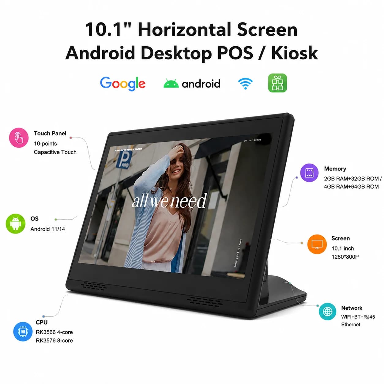 Tablet POS All-in-One da 10.1 Pollici con Android 14 | Supporto da Tavolo a L 4G+64GB per Menu Ristorante, POS Loyverse e Cornice Fotografica Digitale