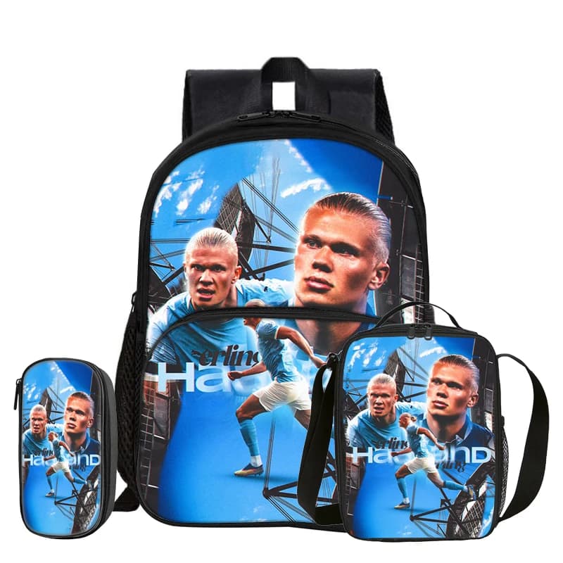 Haaland 3 Pcs set with Front Pocket Backpack Sports with Thermal Insulated Lunch Tote Purse Football Star Pencil Case Kids Gift