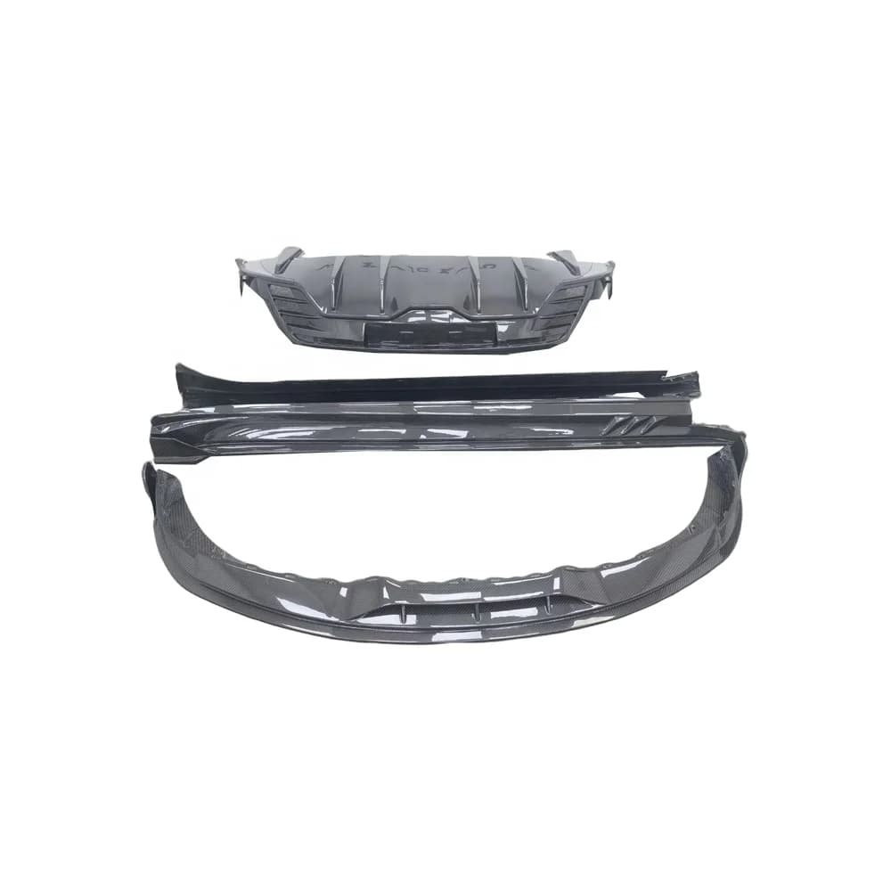 Kit di conversione carrozzeria in fibra di carbonio stile Dream Garage PK per Taycan, con splitter anteriore, minigonne laterali, diffusore posteriore e spoiler posteriore in fibra di carbonio.