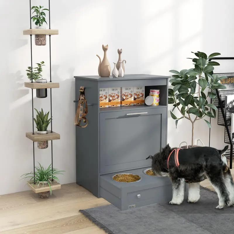 PawHut Pet Feeder Station Storage Cabinet, Dog Food Storage Container with Dog Raised Bowls, Watering Supplies, Gray