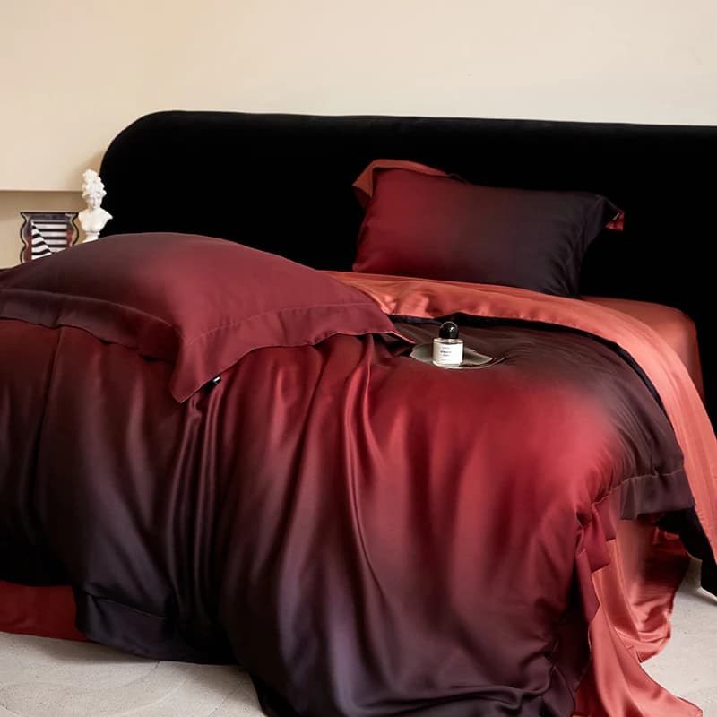 Nero Rosso Sfumato scuro Colorato Lyocell Premium Elegante Set biancheria da letto matrimoniale Queen King, 4 pezzi Copripiumino Lenzuolo 2 federe
