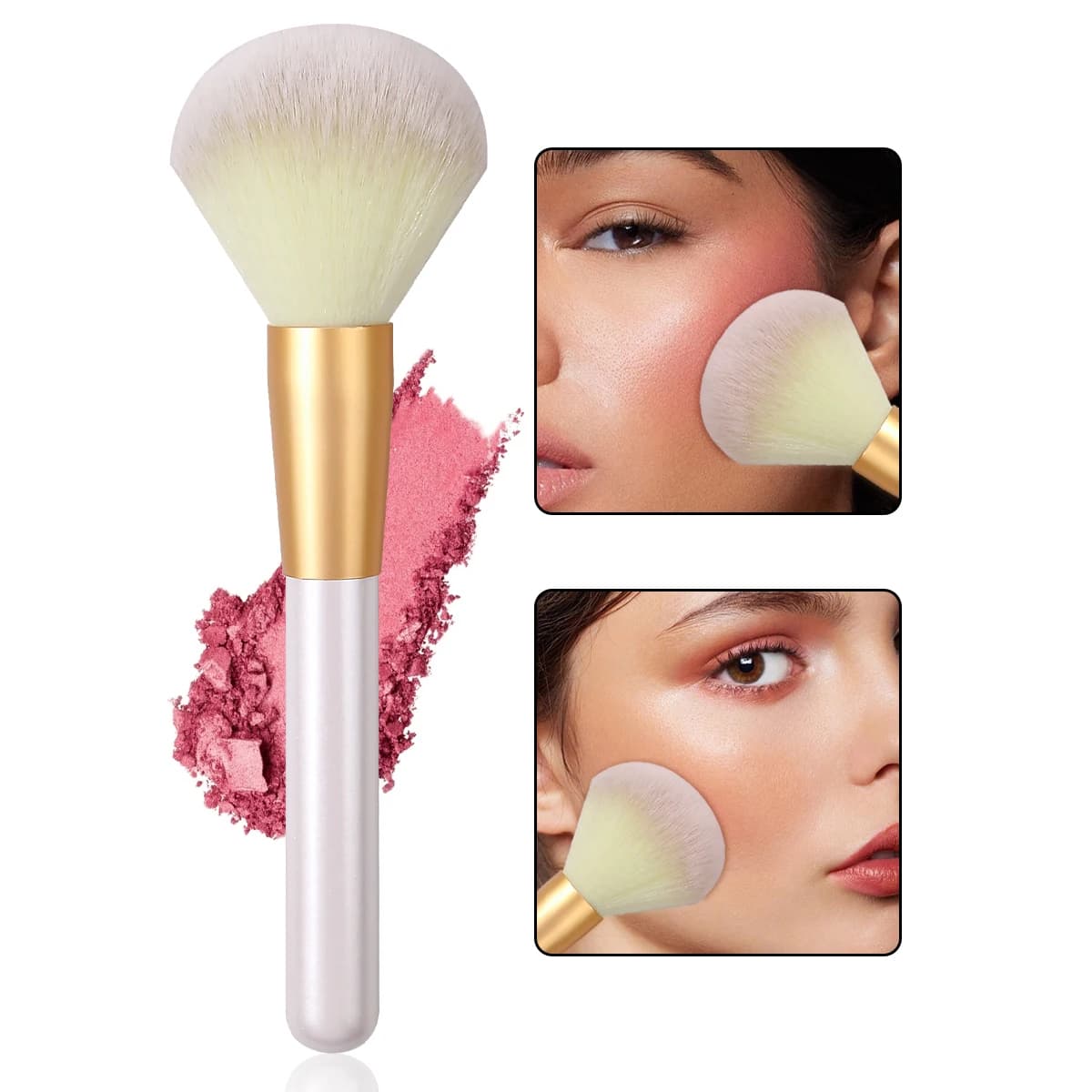 1 pezzo di pennello per fard con manico in legno beige perlescente, pennello per capelli morbidi di fascia alta, viso multifunzionale lucido