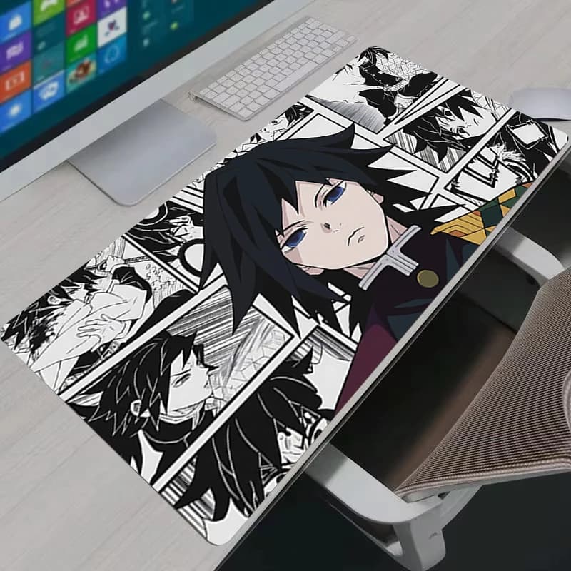 Tappetino per Mouse XXL da Gamer, Grande Tappeto in Gomma per PC, Accessori da Gaming con Motivo Anime Tomioka Giyuu, Mousepad Nero