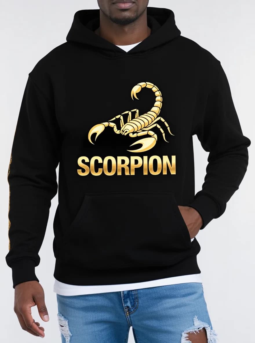 Felpa con cappuccio nera da uomo Scorpion, Golden SCORPION, pesante, non elasticizzata, casual streetwear