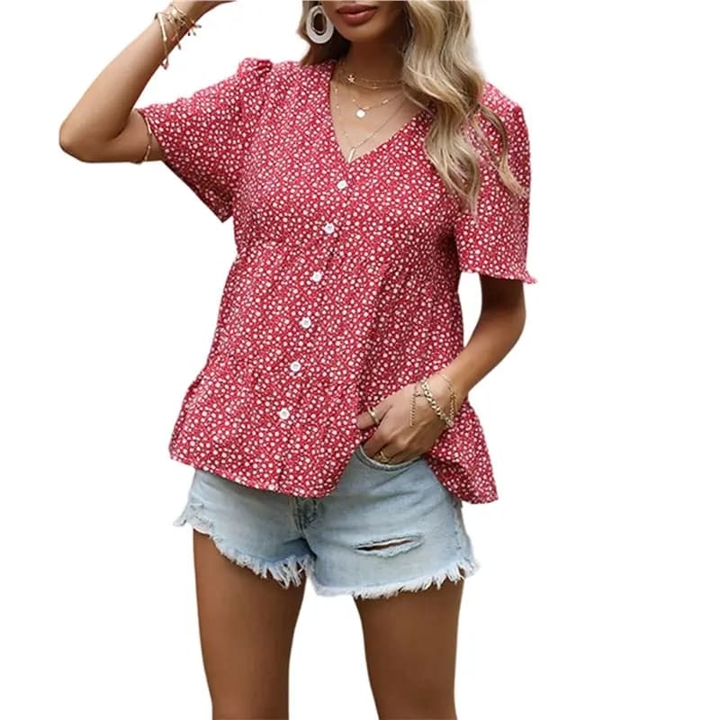 CYL-Women Button Down Shirts Short Sleeve Tops V Neck Collar Blouses