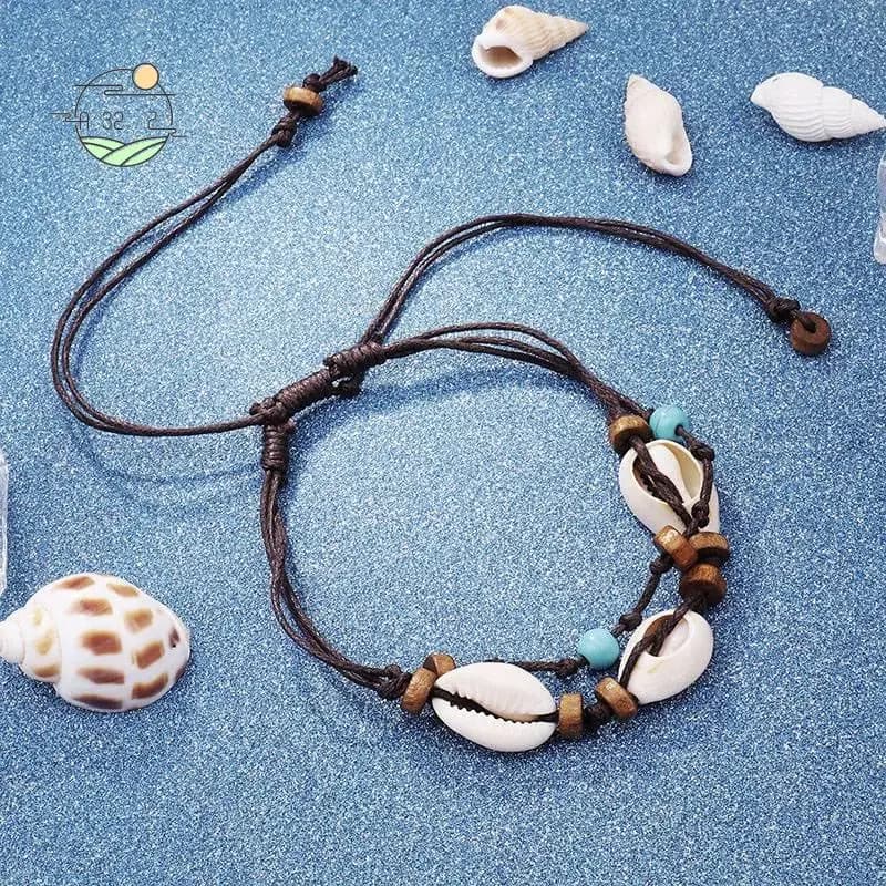 A32Z-Boho Natural Stone anklet with sea shell for women Ankle bracelet with wooden shell on the leg Wax chain Cavigliera Beach Je