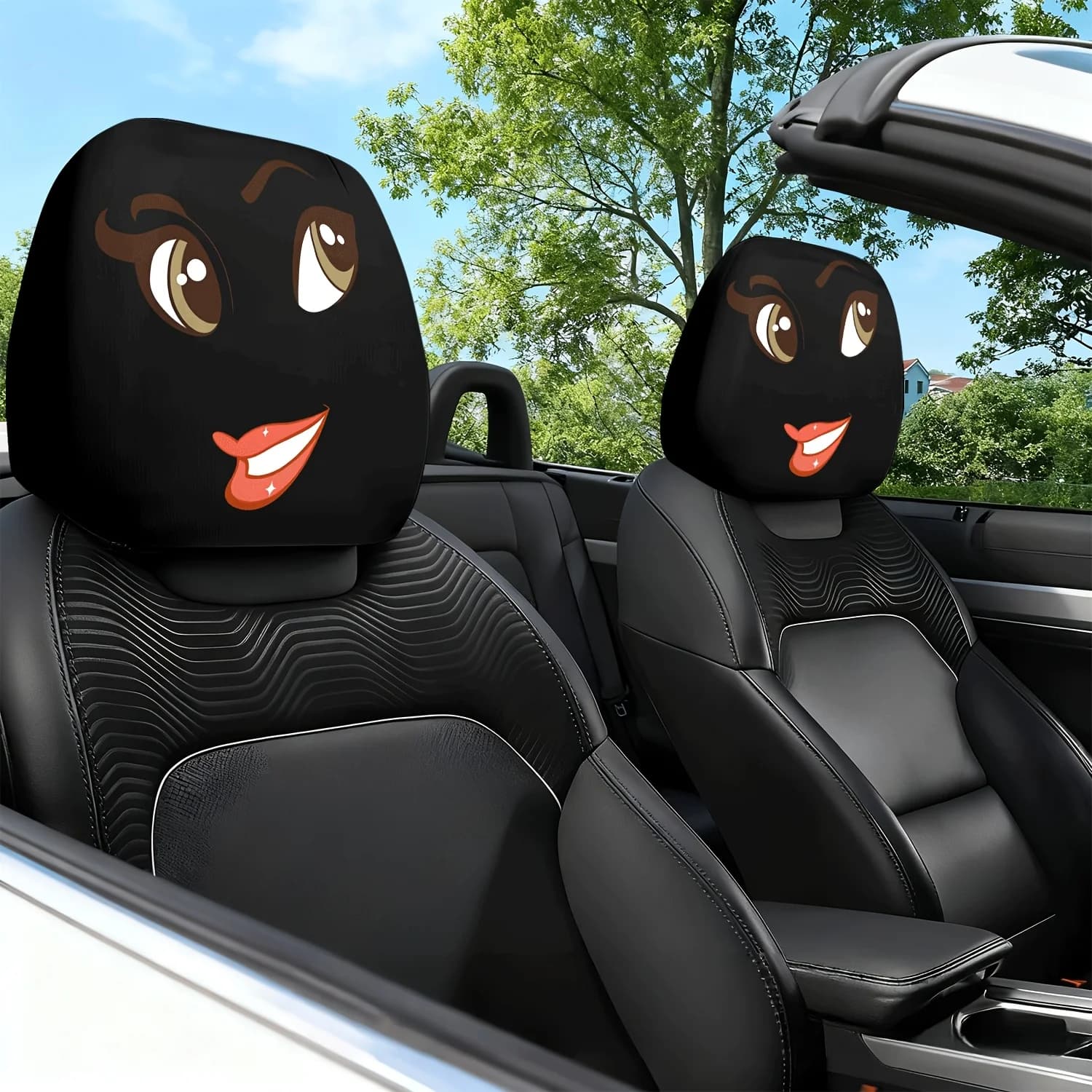 2 Pezzi Copri Poggiatesta Auto con Stampa Tema Occhi Grandi e Labbra Rosse - Design Carino - Copricuscino per Sedile Auto e Poggiatesta
