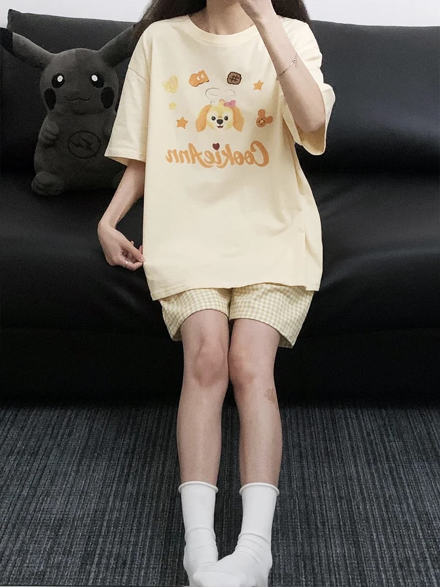Pigiama in Puro Cotone con Collo Rotondo e Maniche Corte, Set di Abbigliamento da Casa per Donne, Nuovo Stile Estivo con Cartoni Animati Carini per Studentesse