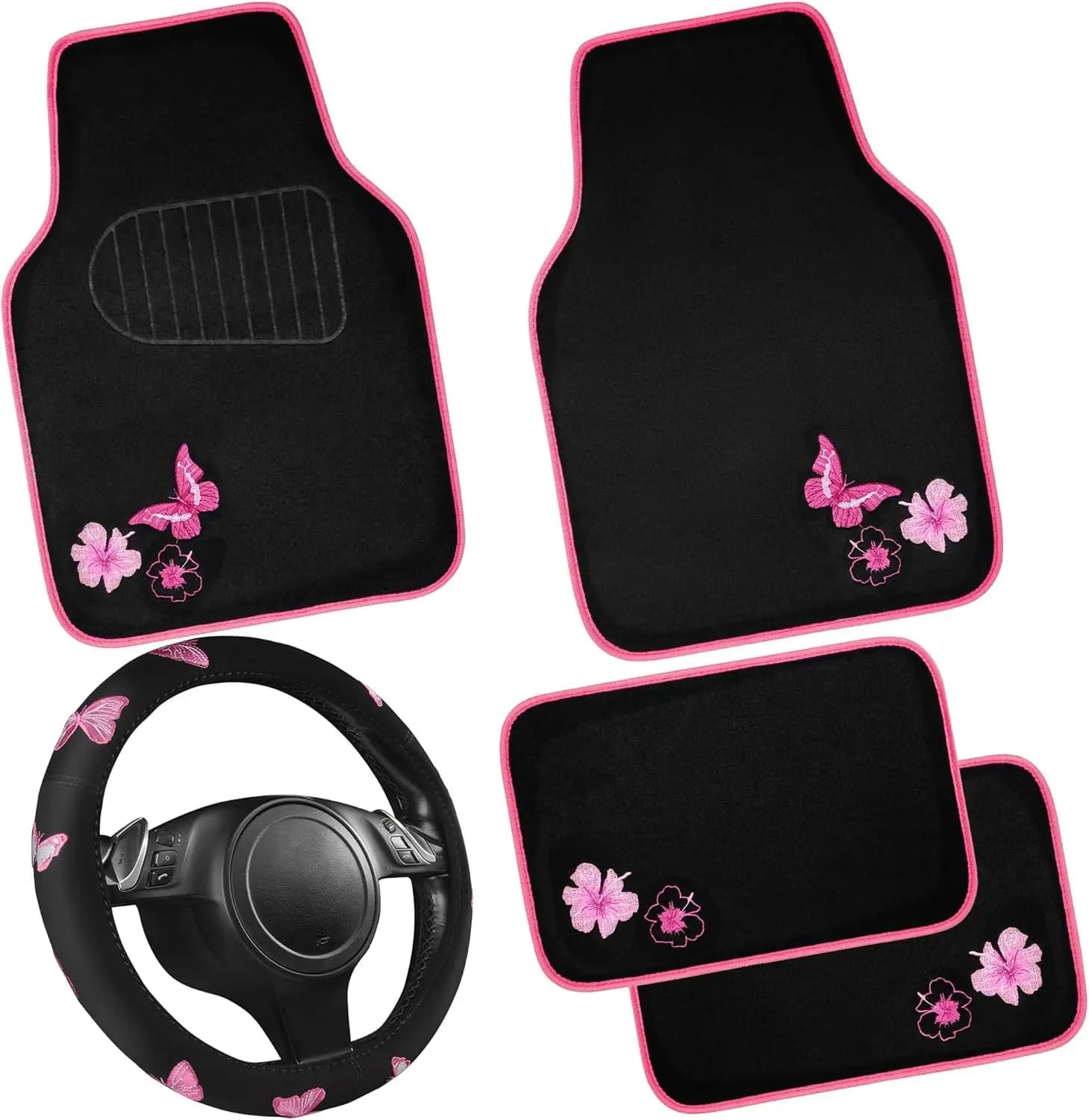 Coprivolante con ricamo a farfalla rosa e tappetini impermeabili per auto, adatti universalmente per auto, SUV, berline, furgoni