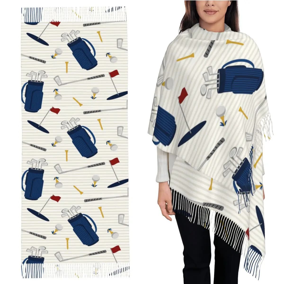Tee Time - Golf - Mazze da golf e magliette Sciarpa Sciarpe con nappe Donna Scialli e stole morbidi e caldi Grande scialle autunno inverno