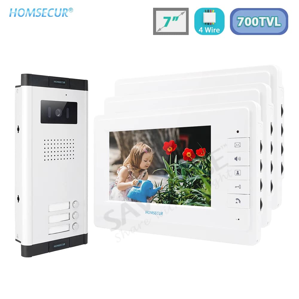 HOMSECUR 4 fili 700TVL vivavoce 7 "videocitofono citofono montaggio a incasso campanello telecamera IR visione notturna per 3 famiglie