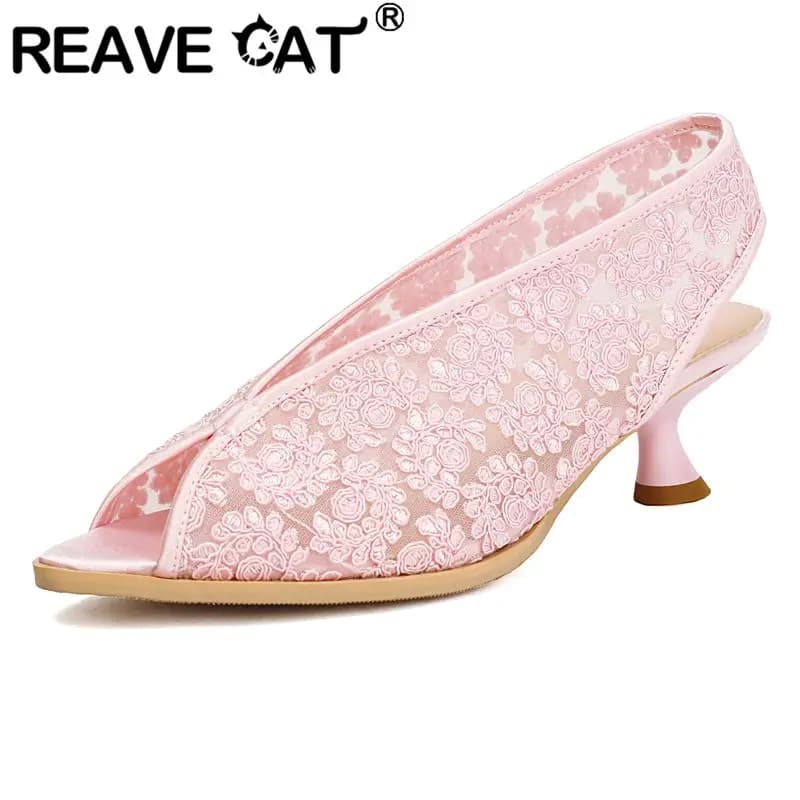 REAVE CAT 2025 Sandali femminili di nuovo design alla moda Punta a punta Tacchi piccoli 5 cm Slip On Ricamo Maglia traspirante Big Size 45 46