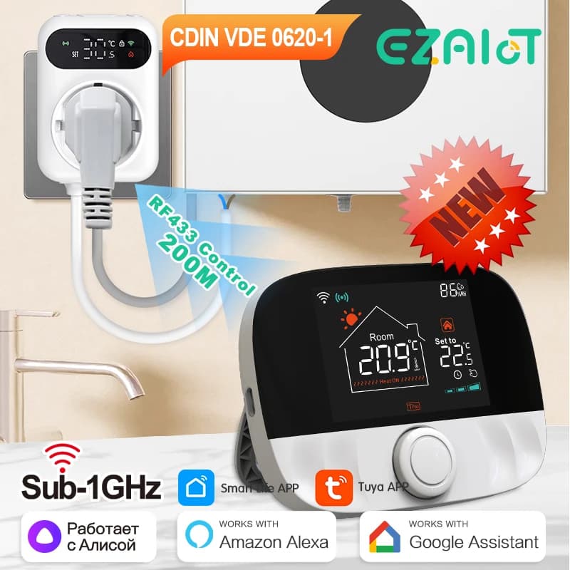 Wireless WiFi RF433 thermostat and Tuya Smart APP receiver Gas boiler temperature control, voice control Google Home Alexa