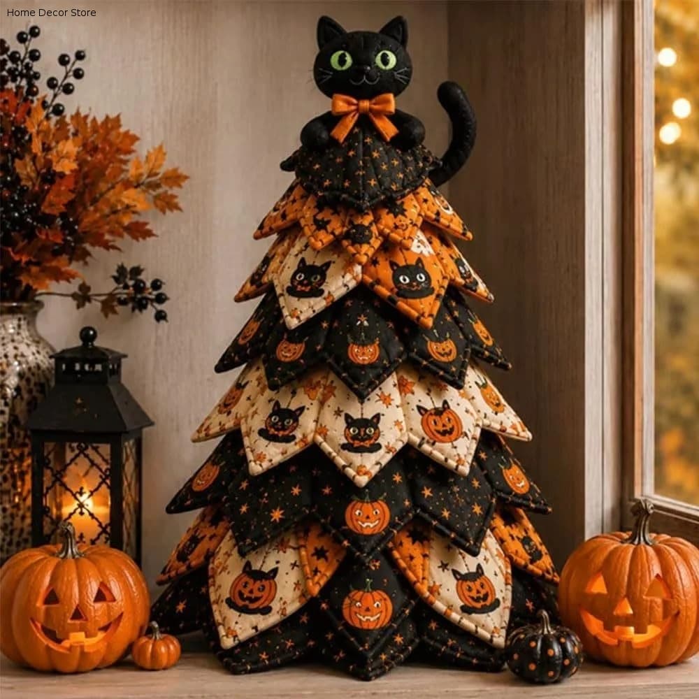 Vintage Halloween Quilted Fabric Tree Kit Pumpkin Ghost 3D Thick DIY Patchwork Tabletop Tree Set Black Cat Spider Tree Ornament