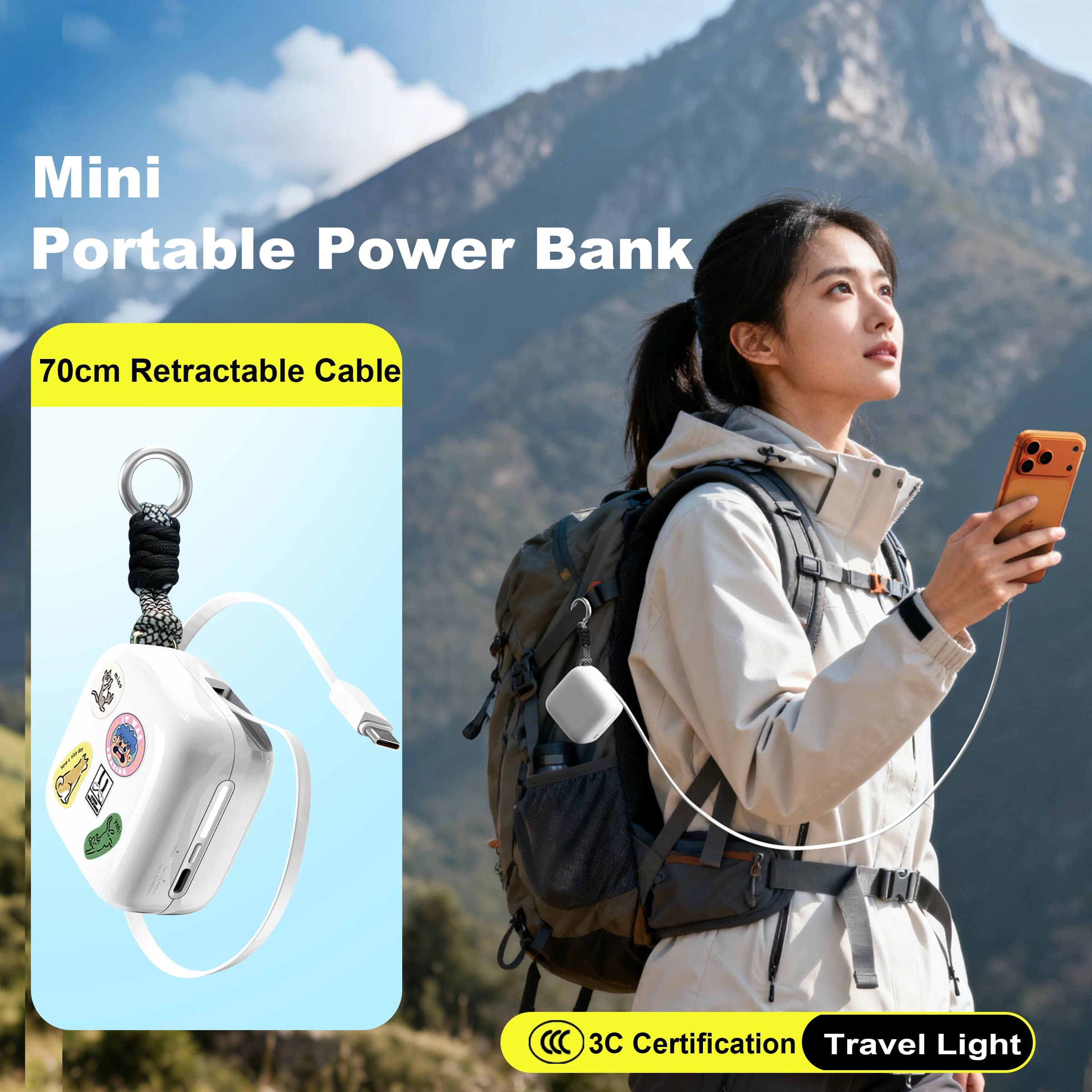 Portable 40 W PowerBank with 10000 mAh fast charging to gallium nitride with 70 cm type C retractable cable for iPhone 17 16 Xiaomi Huawei
