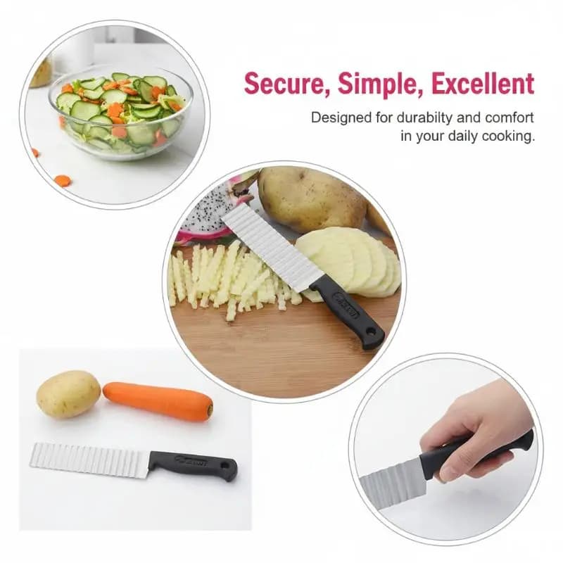 Stainless Steel Wavy Potato Cutter Crinkle Knife Anti Slip Handle for Kitchen French Fry , Vegetable Corrugated Slicer Tool