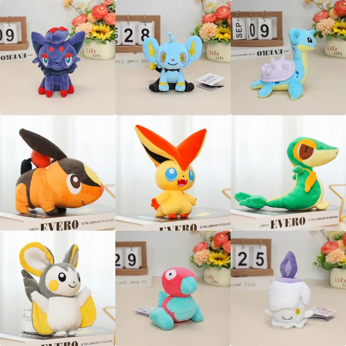 Peluche Pokémon: Zorua, Shinx, Lapras, Tepig, Victini, Snivy, Emolga - Giocattoli di Peluche Anime Cartoon, Regalo per Bambini