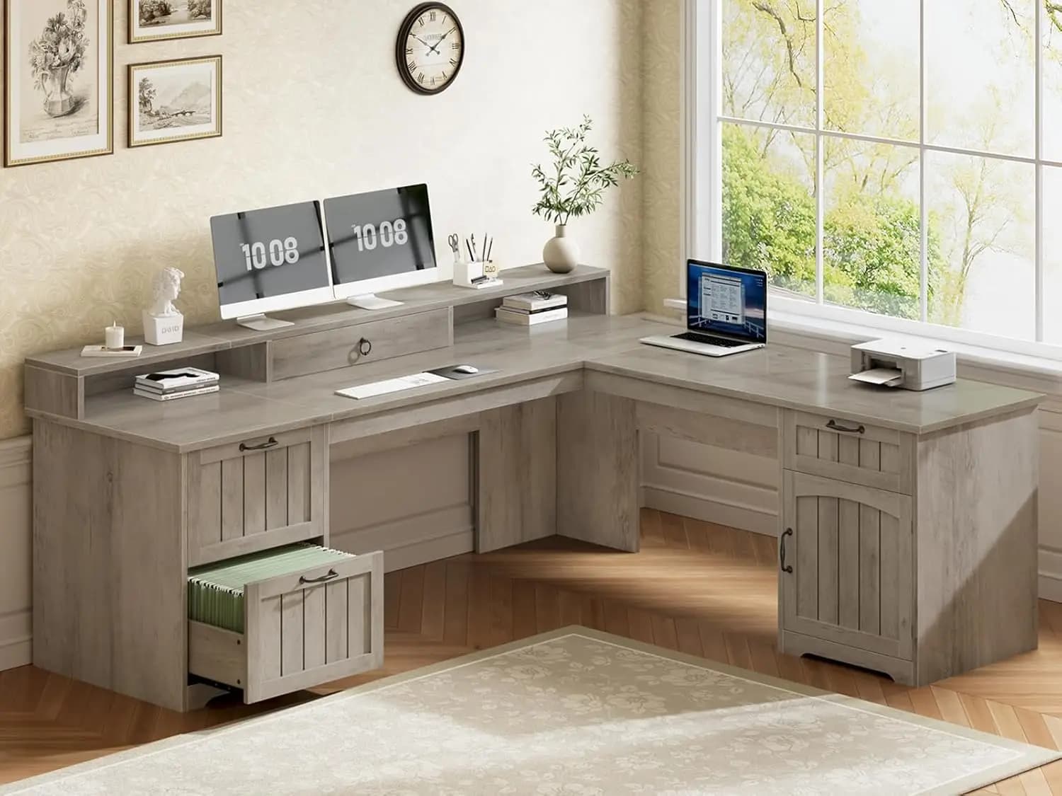 Scrivania in legno a forma di L con cassetti, postazione di lavoro angolare per ufficio, supporto per monitor grigio e mobiletto portaoggetti