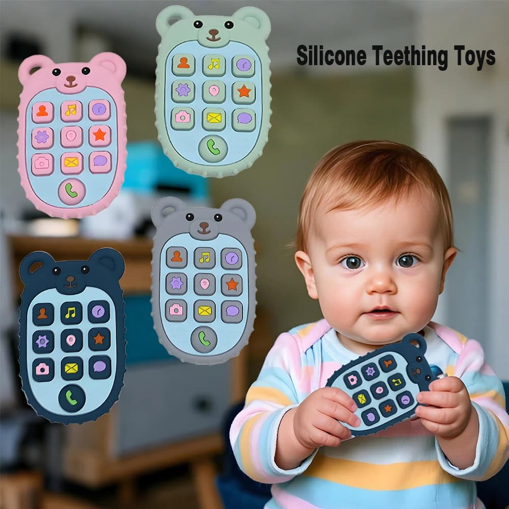 Nuovo 2025 Massaggiagengive per neonati a forma di cellulare in silicone, Giocattolo sensoriale educativo per bambini, Set regalo per neonati