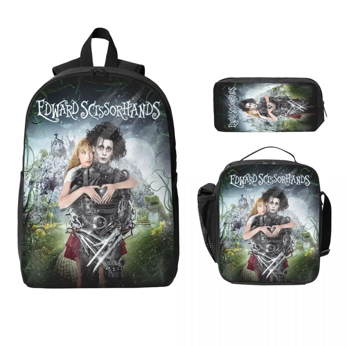 Set di zaini a tema Edward Scissorhands da 3 pezzi per ragazze, ragazzi, borse per penne, set di borse per libri con scatola per il pranzo, per studenti delle scuole