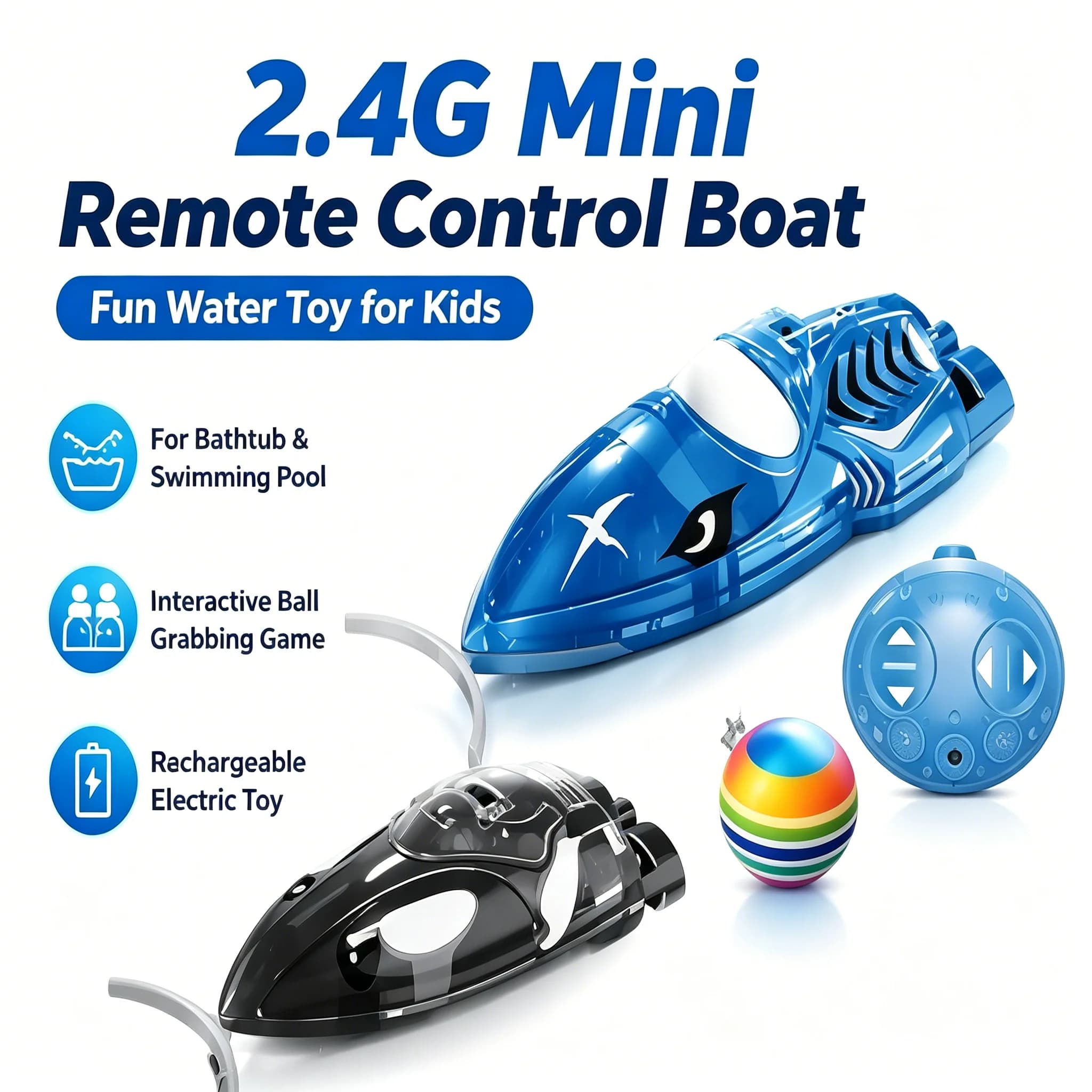 Mini barca telecomandata 2.4G adatta per vasca da bagno e piscina Gioco interattivo per afferrare la palla Giocattoli elettrici per l'acqua