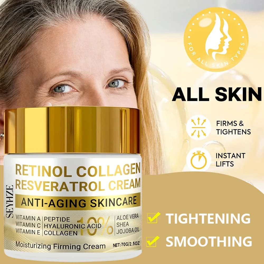 Crema Viso SEYHZE al Retinolo e Collagene con Resveratrolo, Rassodante e Liftante, Uniformante del Tono della Pelle, Acido Ialuronico, Aloe Vera, Retinolo