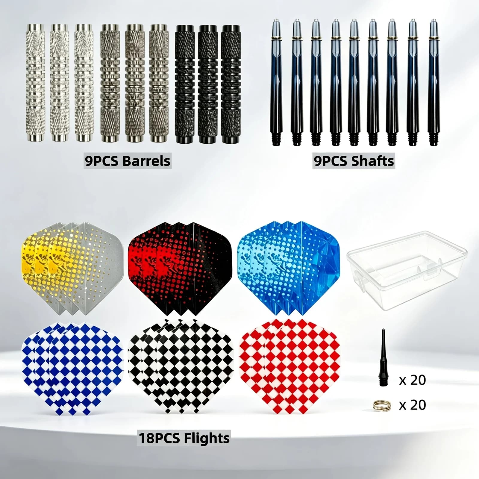 14g Soft Tip Dart Set 9-Piece Set, Plastic Tip Dart, with 6 Types of PET Wings, 20 Replacement Soft Tips, and 20 O-Rings
