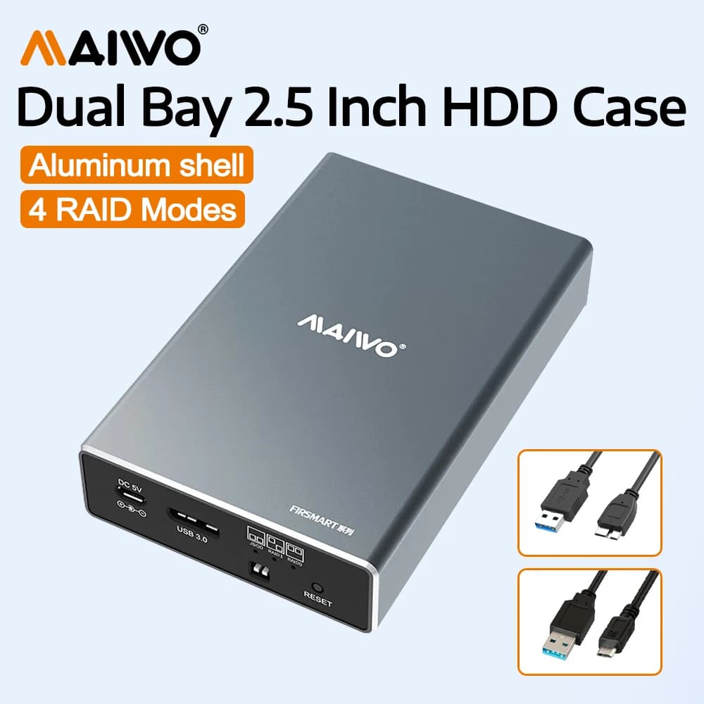 Case MAIWO per HDD da 2,5'' con doppio alloggiamento esterno per hard disk con 4 modalità RAID, da SATA a USB 3.0, scocca in alluminio per laptop e MacBook