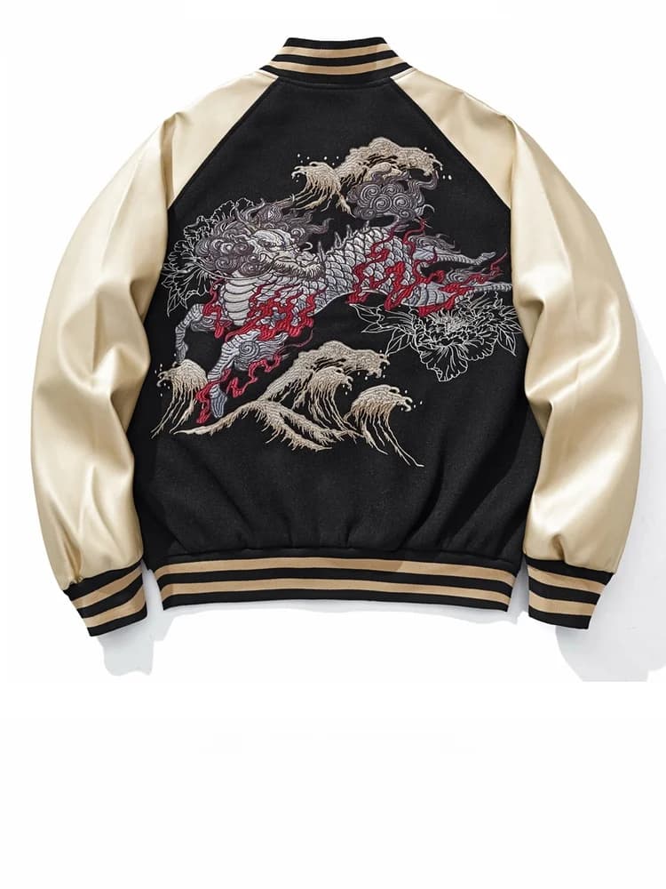 Monkey Store Nuova Giacca da Baseball Orizzontale con Ricami per Industria Pesante, Giubbotto da Uomo Sukajan, Stile Cinese di Tendenza