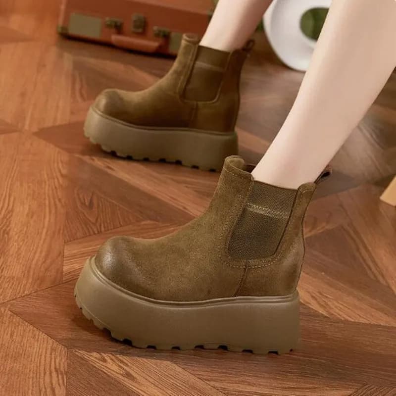 Luxury Suede Cow Genuine Leather Snow Boots Women Ankle Booties 10cm Platform Wedge Winter Plush Chelsea Boots Shoes for Women