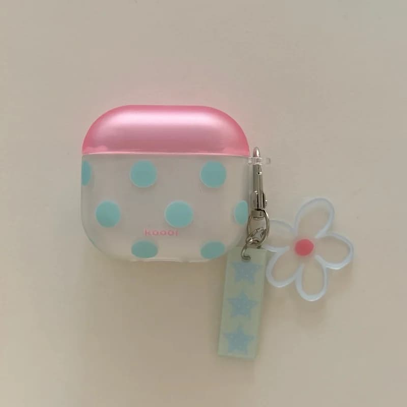 Transparent Blue Dots Pattern Pink Color IMD Earphone Case with Pendant for Airpods 1, 2, Pro, Pro2, Pro3, 3, 4, Dustproof