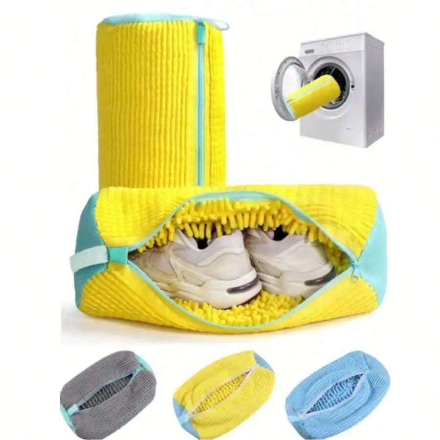 Sacchetto per lavatrice per scarpe - Giallo con cerniera blu, fodera morbida in peluche, ideale per proteggere le scarpe di tutti i tipi.