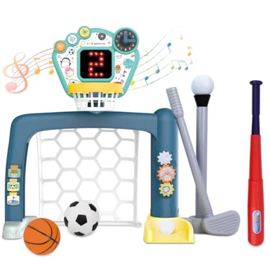 Basketball and Football Gate 4 in 1 Adjustable for Children 1-3 Years, Sports Toys with Golf, Baseball, Table LED Markers and Educational Music