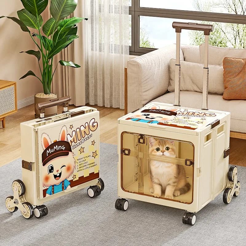 Foldable Double Door Pet Trolley Luggage with Climbing Wheels, Portable Outdoor Pet Stroller Travel Carrier Kennel for Cats Dogs