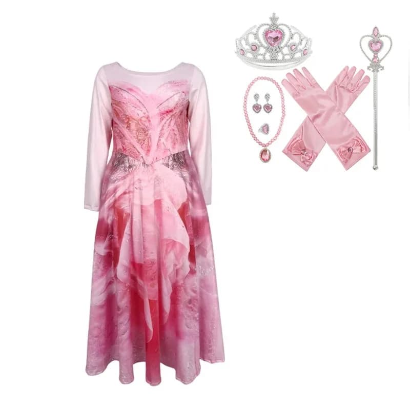 Film Glinda the Good Witch Cosplay Costume Dress for Girls Crown Bacchetta Magic Necklace Earrings Ring Dresses Halloween