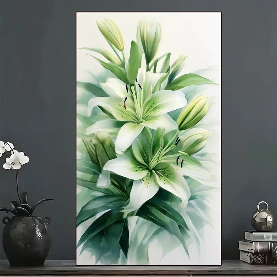 Kit Pittura Diamante 5D Fai da Te, Bouquet di Gigli Bianchi, Peonia, Pianeta, Mosaico Artistico con Diamanti a Copertura Totale, Punto Croce per Decorazione Murale Domestica e Regalo