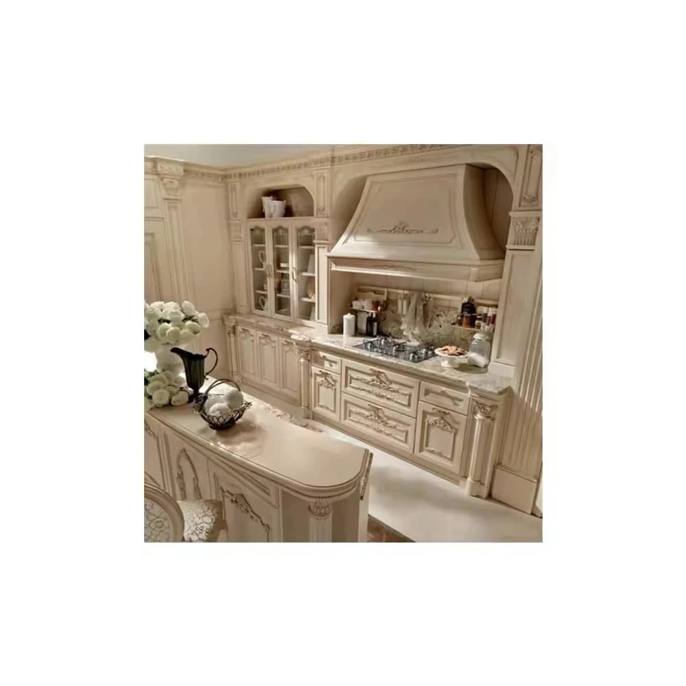 Armadio da cucina di lusso in stile italiano antico Vendita calda Isola in legno massello Pannello porta laccata di lusso in laminato
