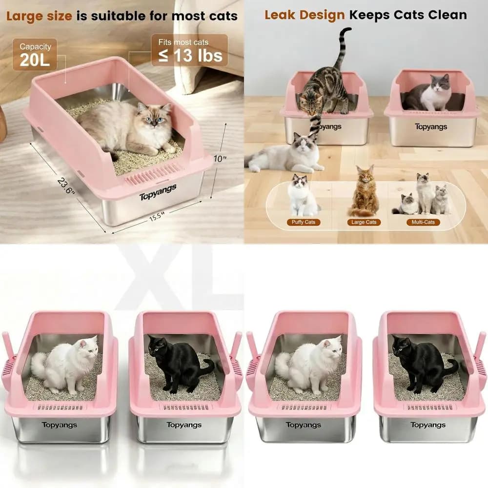 Lettiera per Gatti XL Extra Large in Metallo con Coperchio, Bordi Alti, Anti-Perdita, Antiaderente, Paletta Inclusa, Rosa